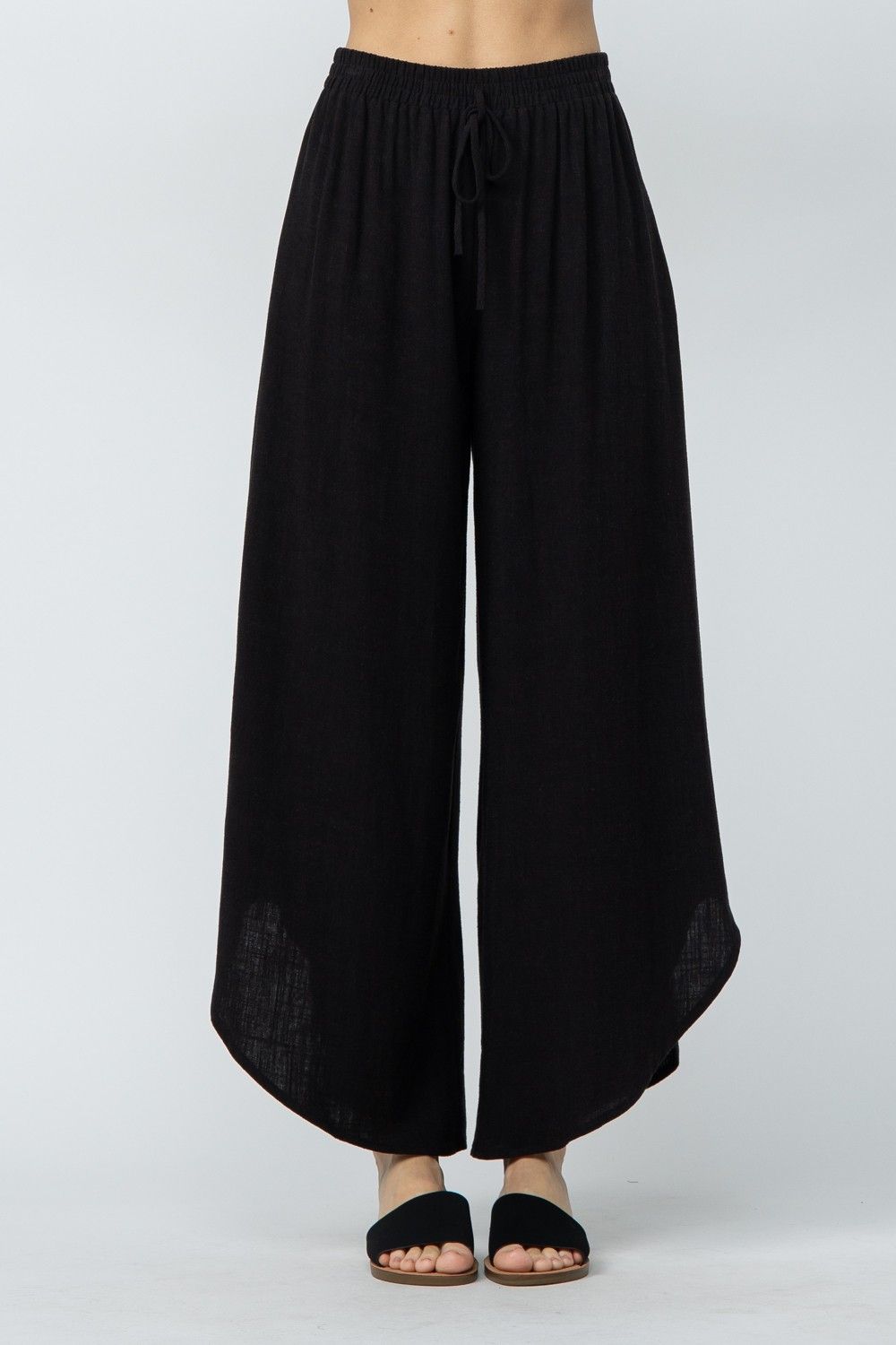LINEN CURVED HEM PANTS, Color: BLACK, Size: SM