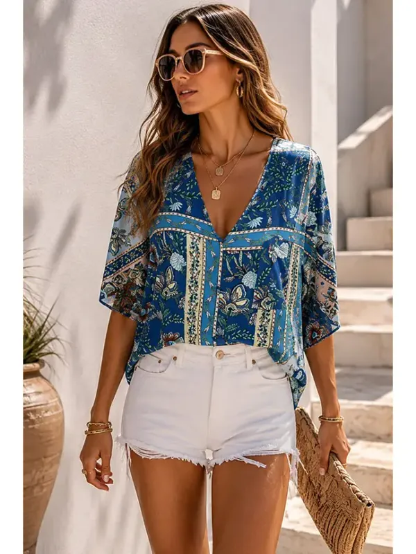 BOHO FLORAL BORDER PRINT BLOUSE