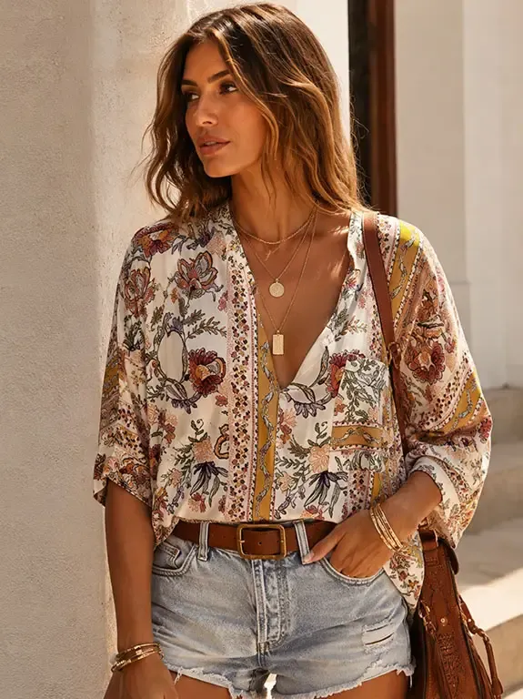 BOHO FLORAL BORDER PRINT BLOUSE, Color: IVORY MULTI, Size: SM