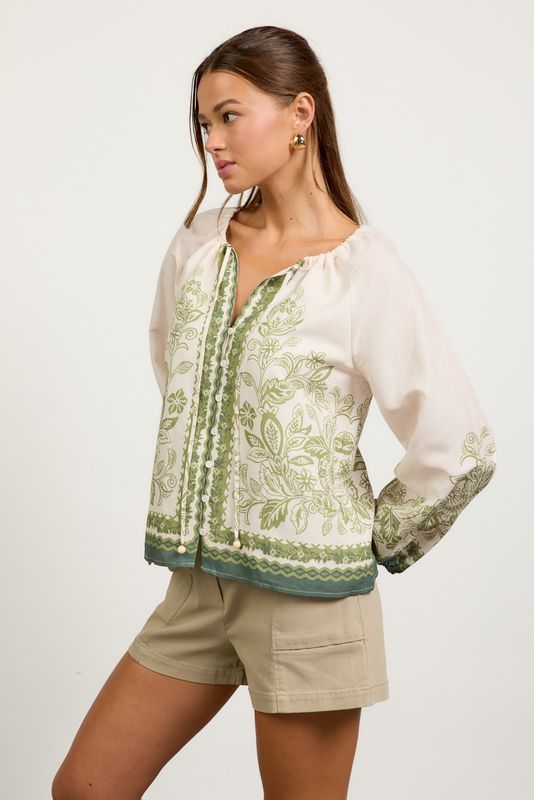 BORDER PRINT BUTTON FRONT BLOUSE