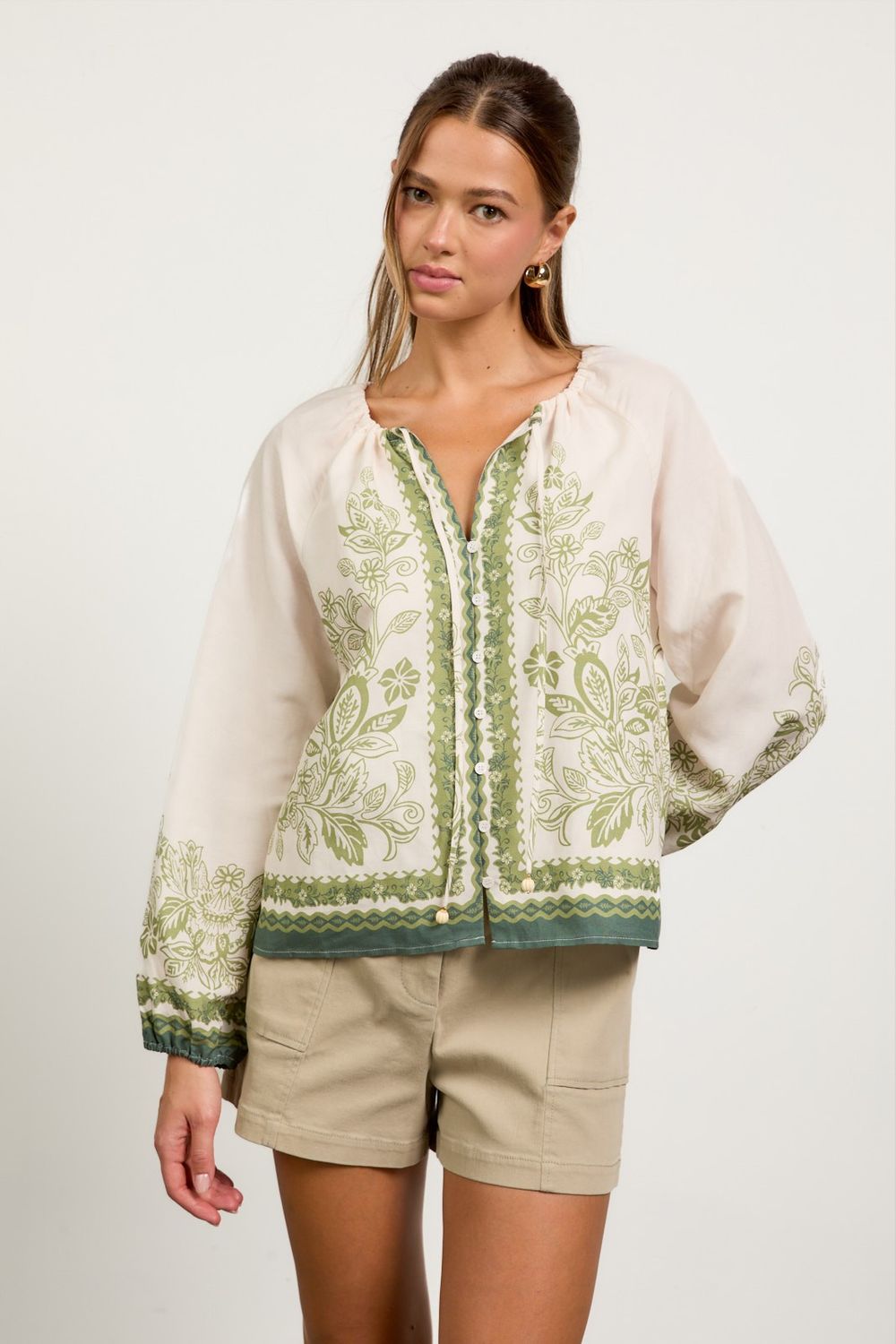 BORDER PRINT BUTTON FRONT BLOUSE