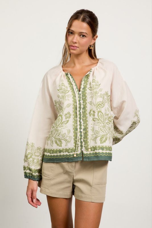 BORDER PRINT BUTTON FRONT BLOUSE