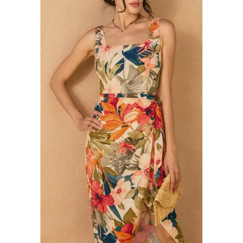 TROPICAL FLORAL TULIP HEM WRAP DRESS