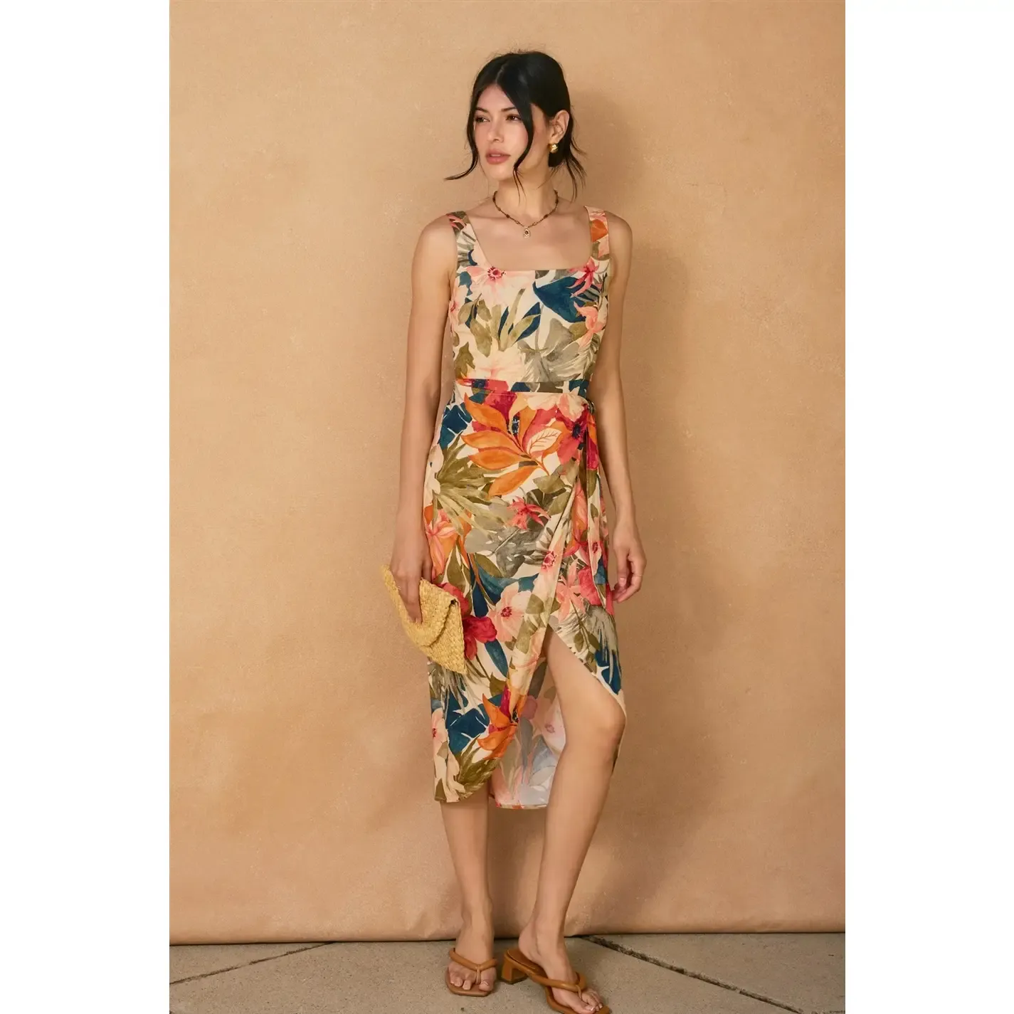 TROPICAL FLORAL TULIP HEM WRAP DRESS
