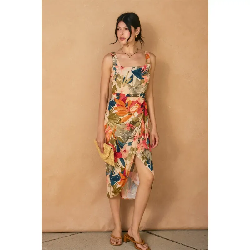 TROPICAL FLORAL TULIP HEM WRAP DRESS