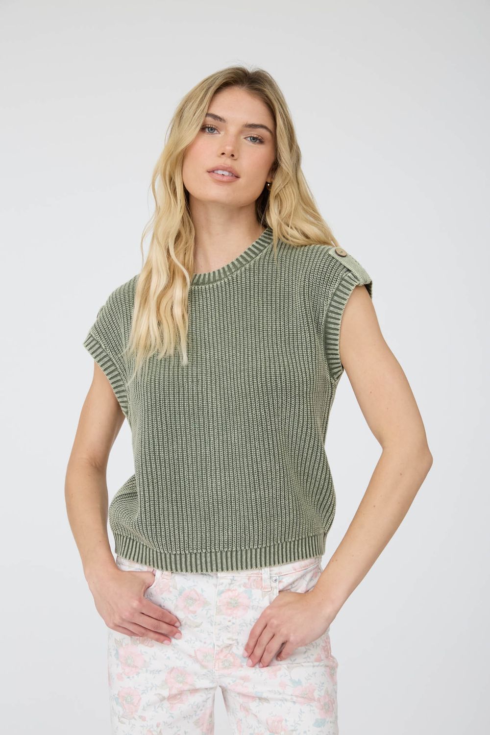 ACID WASH BUTTON DOWN KNIT TOP