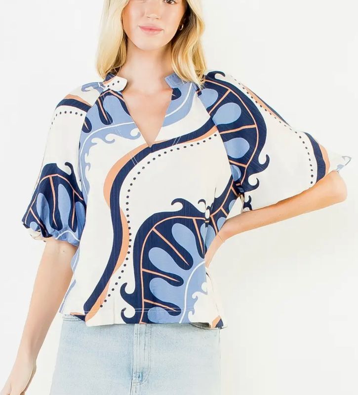 ABSTRACT PRINT PUFF SLEEVE TOP