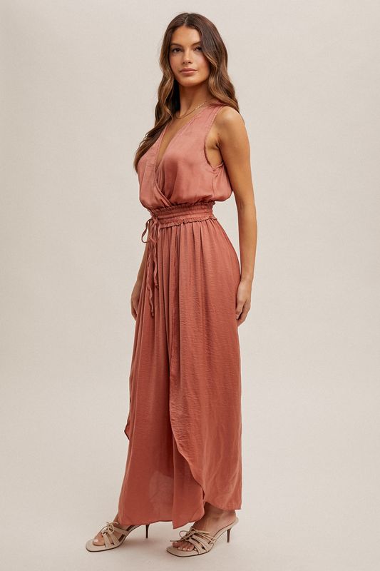 SURPLICE NECK WASHED SATIN DRESS