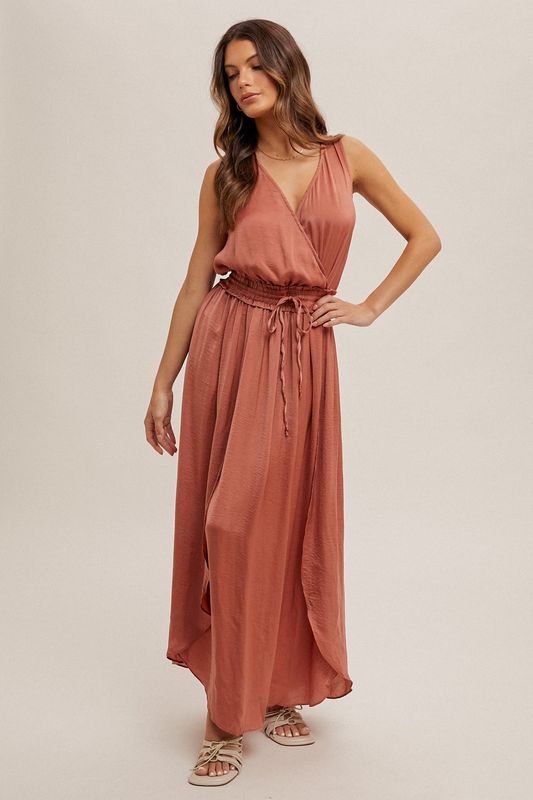 SURPLICE NECK WASHED SATIN DRESS