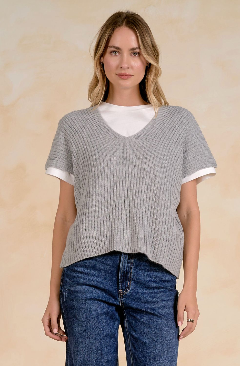 SHORT SLEEVE LAYERED SWEATER/TEE
