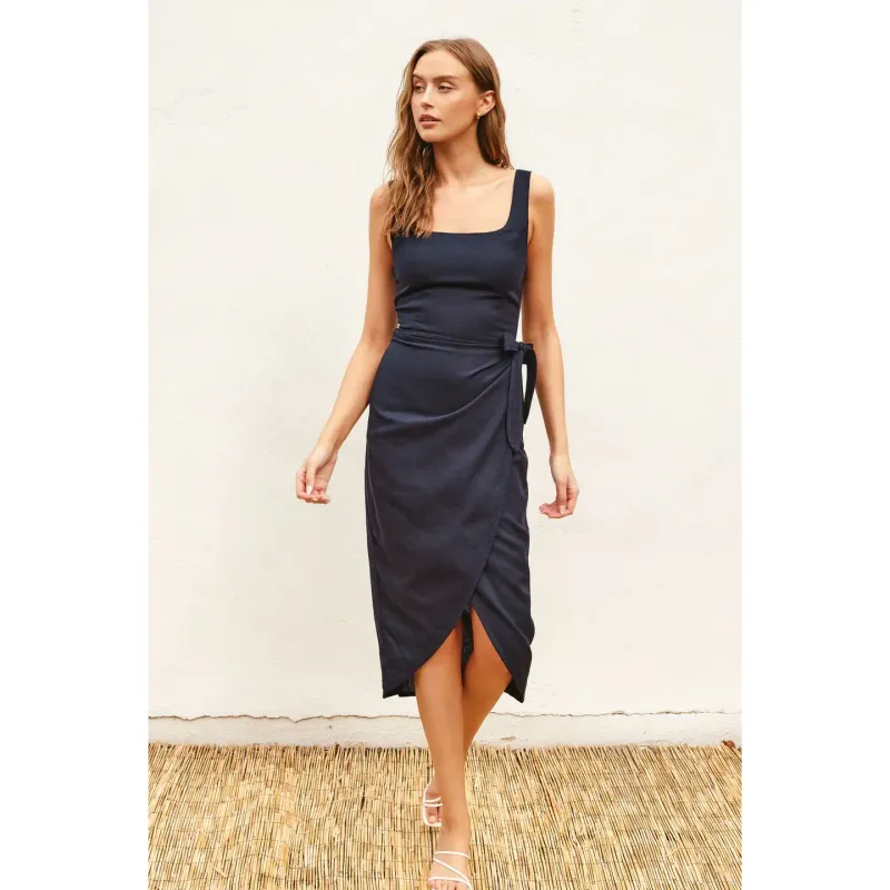 LINEN SQ NECK TULIP HEM WRAP DRESS