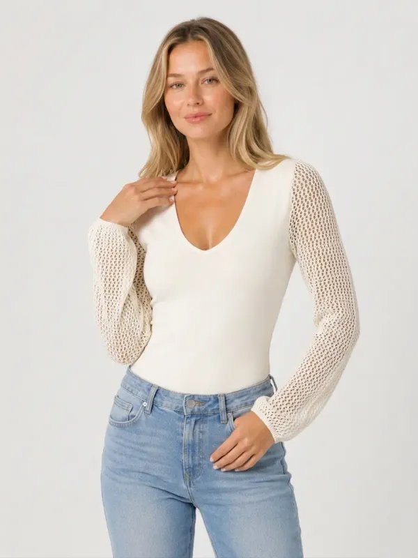 VNECK BODYSUIT W/ LACE BALLOON SLV
