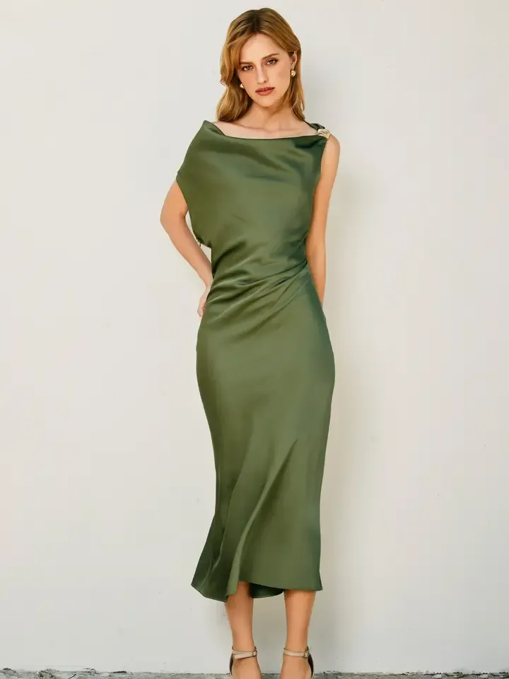 SATIN METAL TRIM COWL RUCHED
