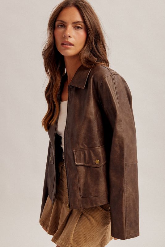 FAUX LEATHER ZIP FRONT UTILITY JACKET