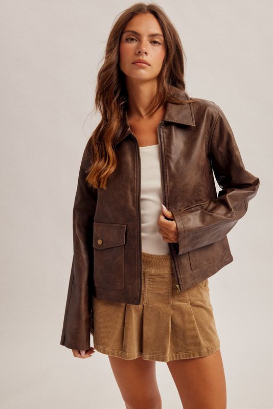 FAUX LEATHER ZIP FRONT UTILITY JACKET