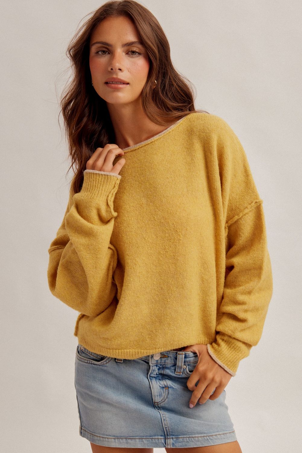 ROLL EDGE CASHMERE TOUCH SWEATER, Color: HONEY MUSTARD, Size: SM