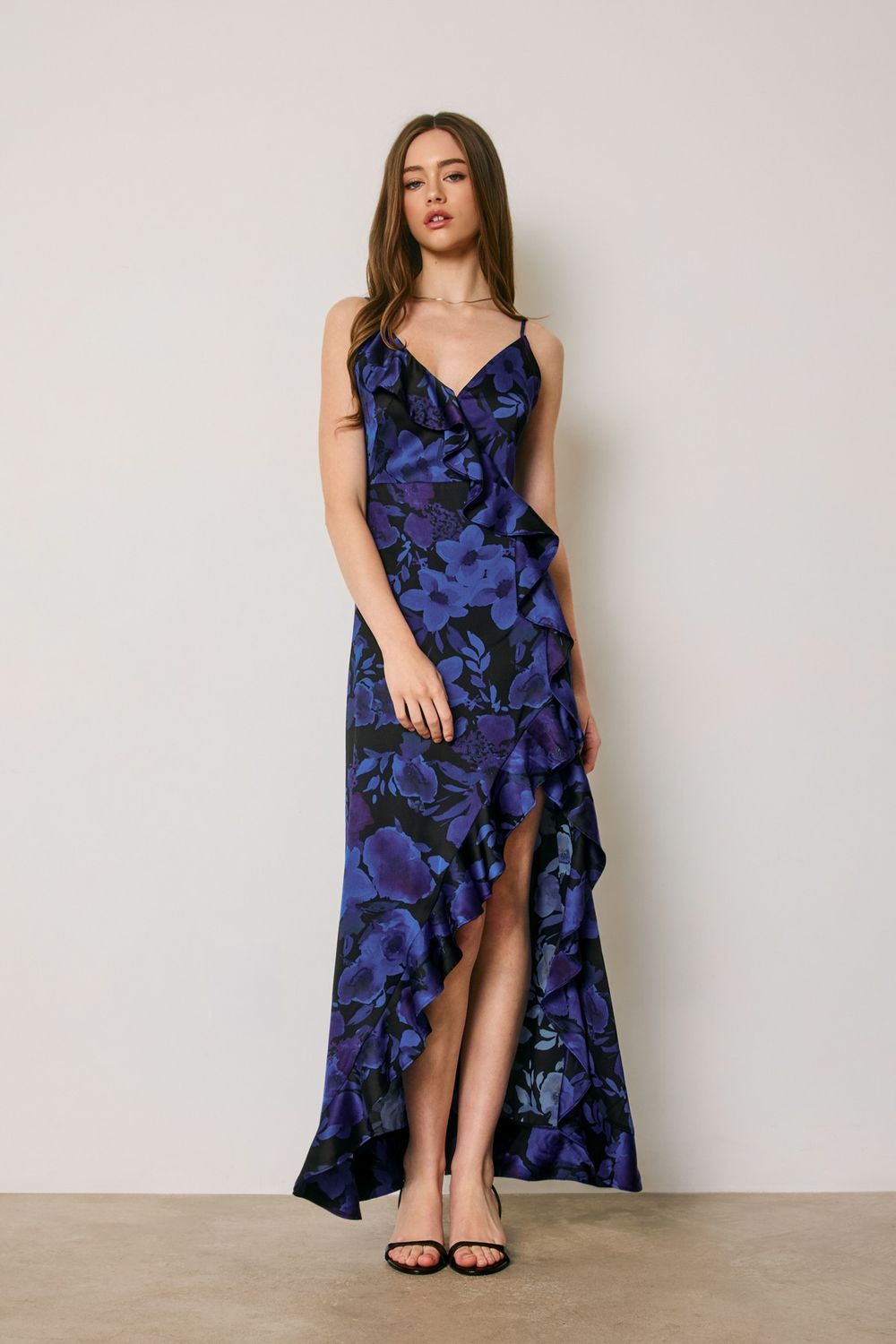 FLORAL SATIN ASYMMETRICAL RUFFLE MAXI