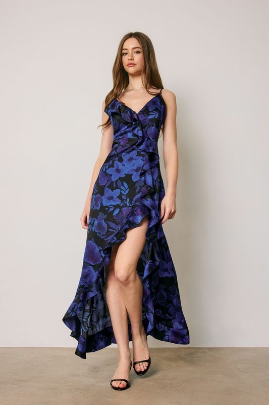 FLORAL SATIN ASYMMETRICAL RUFFLE MAXI
