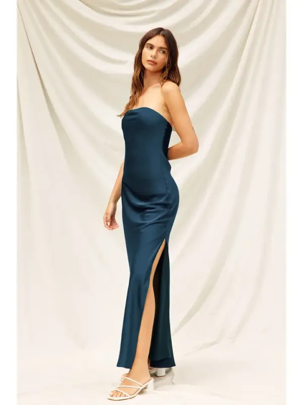 SATIN STRAPLESS BIAS CUT DRESS