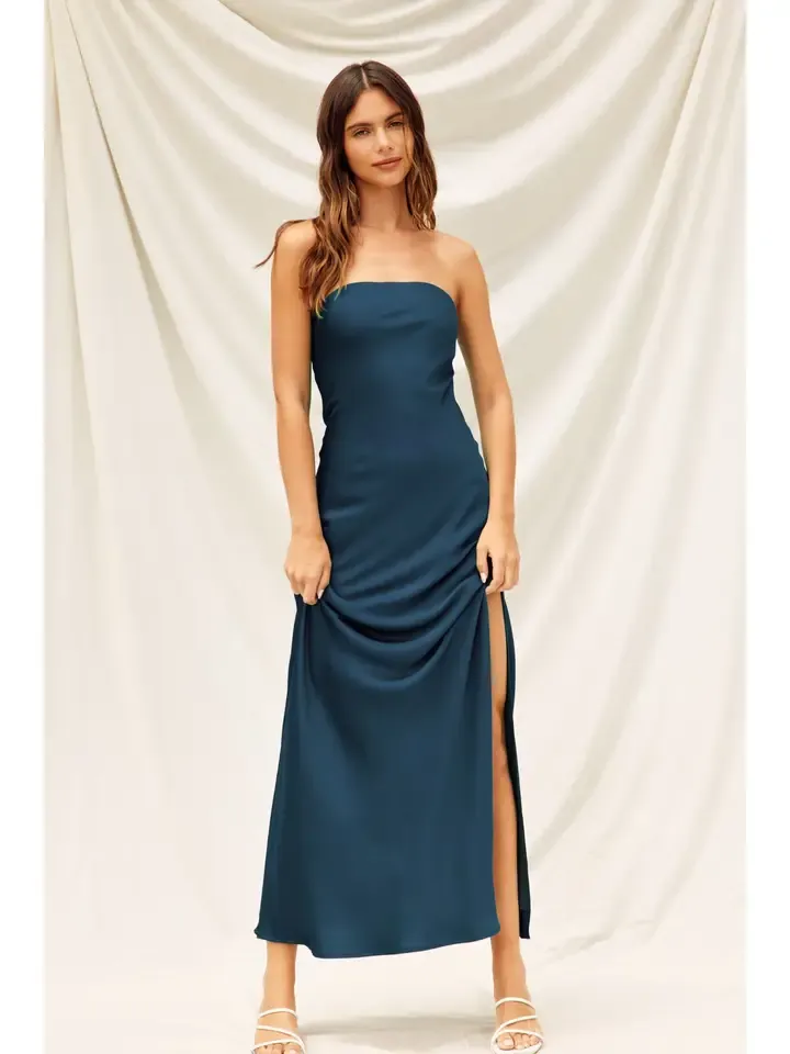SATIN STRAPLESS BIAS CUT DRESS