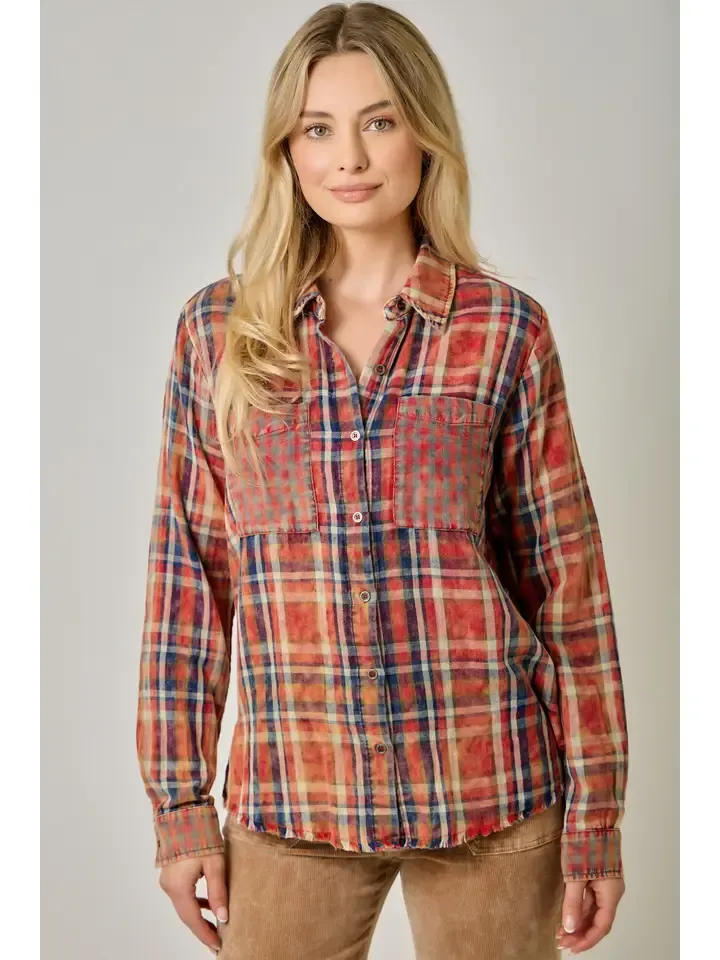 WASHED MIX PLAID SHIRT - RED