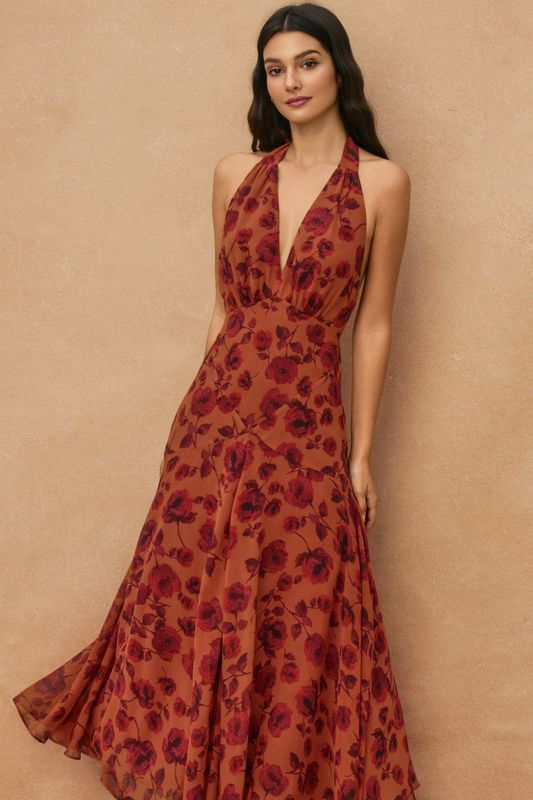 FLORAL DROP WAIST HALTER DRESS