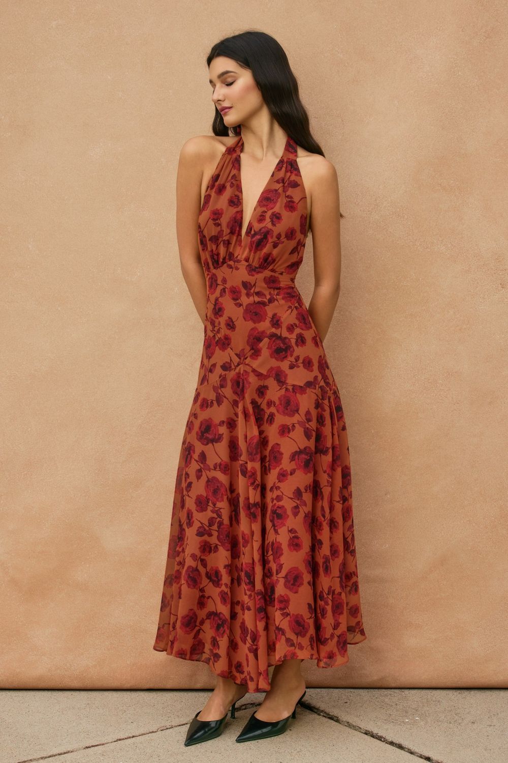 FLORAL DROP WAIST HALTER DRESS