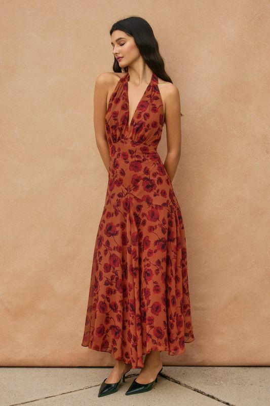 FLORAL DROP WAIST HALTER DRESS