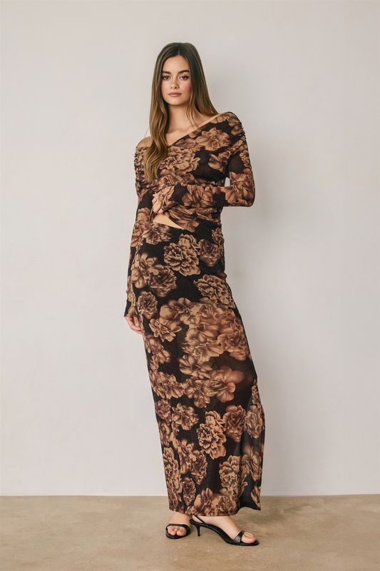 METALLIC FLORAL MAXI SKIRT
