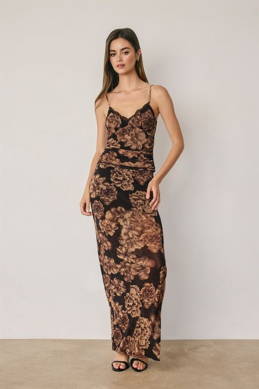 METALLIC FLORAL MAXI SKIRT
