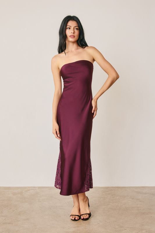 SATIN STRAPLESS LACE HEM DRESS