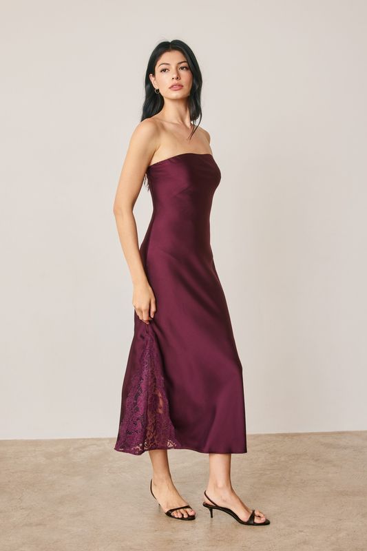 SATIN STRAPLESS LACE HEM DRESS