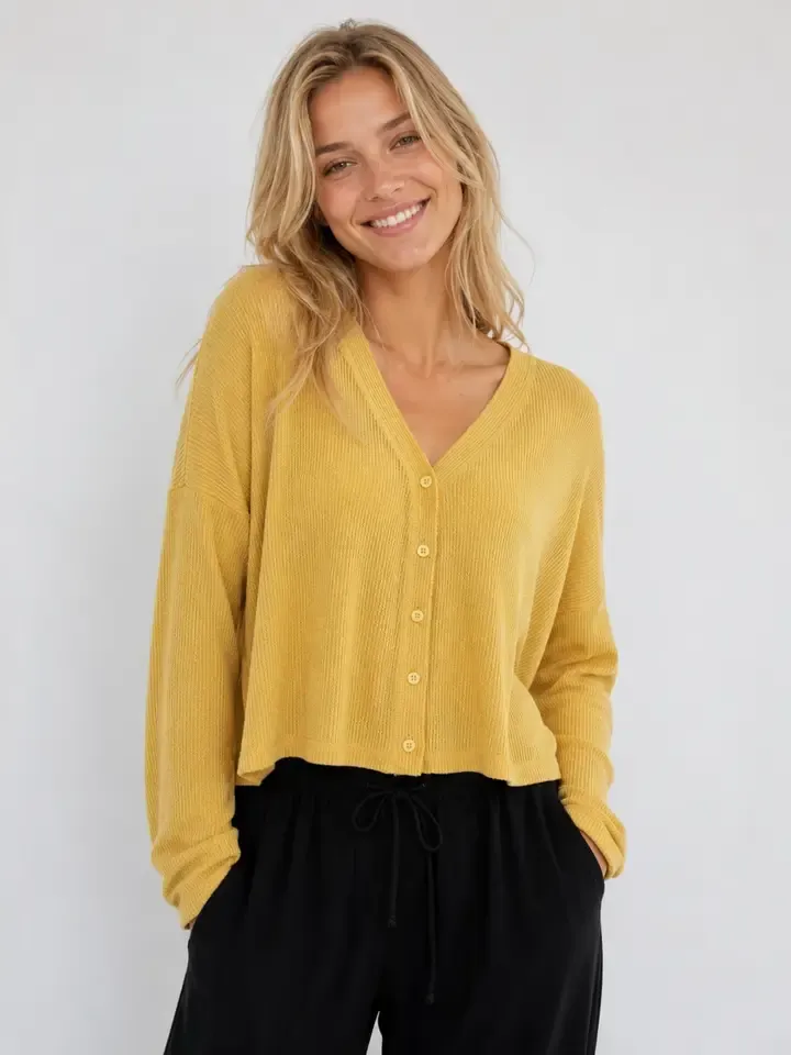 WAFFLE CROP BUTTON UP CARDI