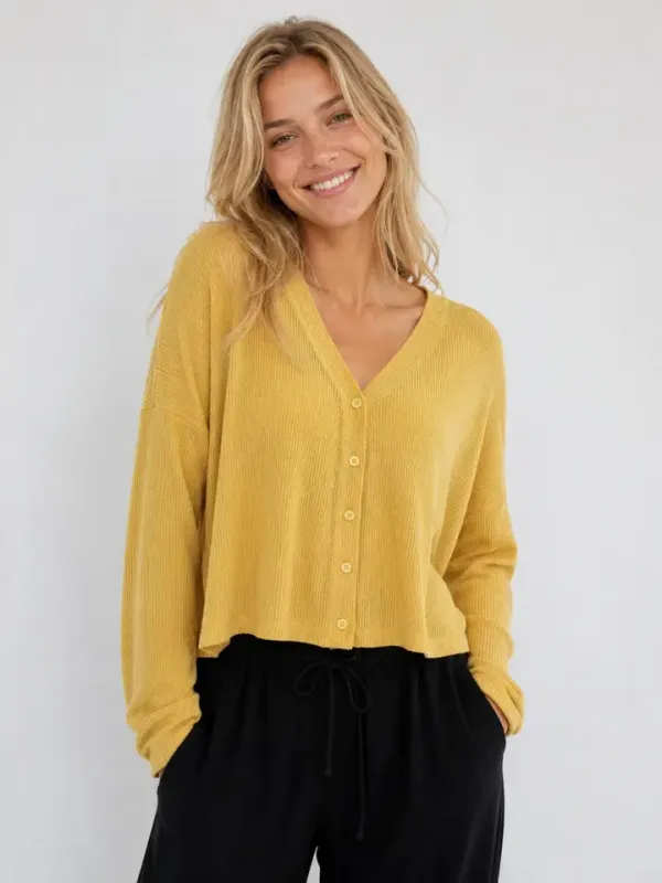 WAFFLE CROP BUTTON UP CARDI