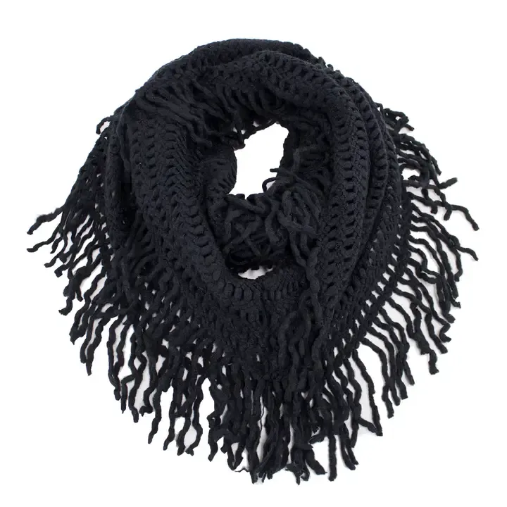 KNIT TASSEL INFINITY LOOP SCARF, Color: BLACK, Size: ONE SIZE