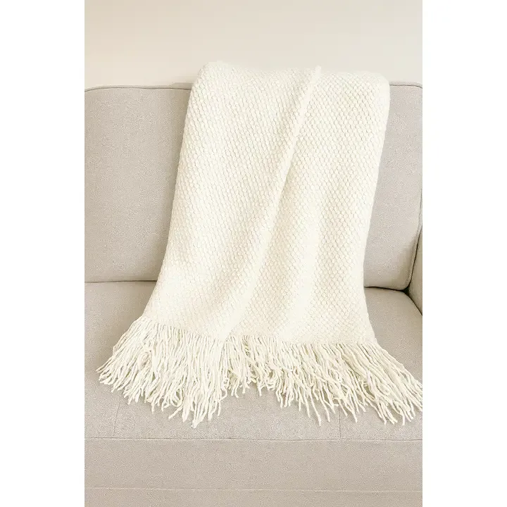THROW BLANKET W/ FRINGE, Color: IVORY, Size: 50X60