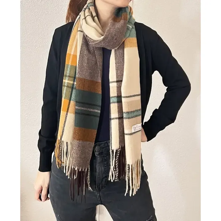 PLAID FRINGE CASHMERE SCARF, Color: GREEN, Size: 25 inches (W) × 71 inches (L)