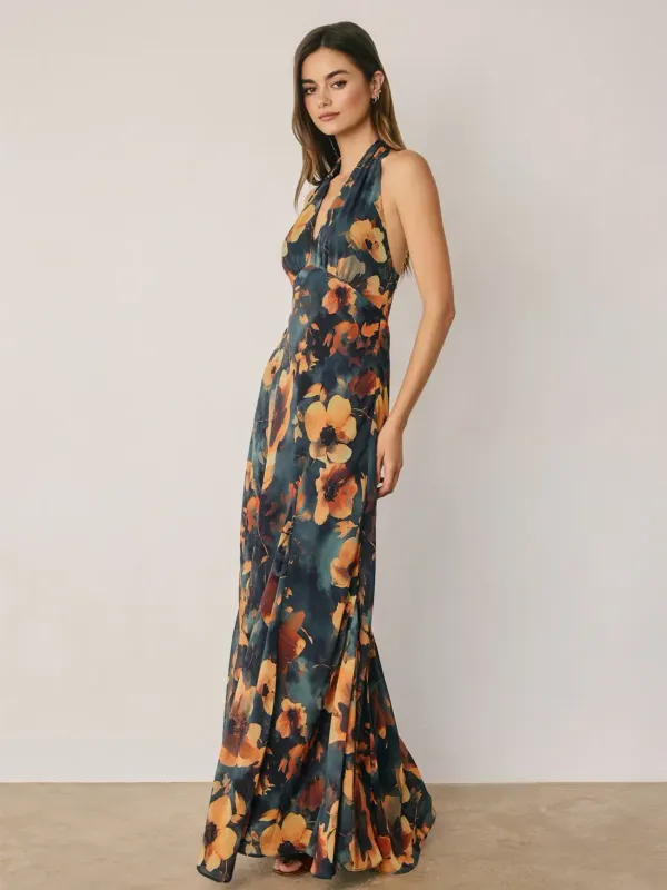 FLORAL CHIFFON HALTER GODET