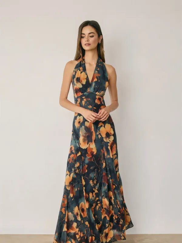 FLORAL CHIFFON HALTER GODET