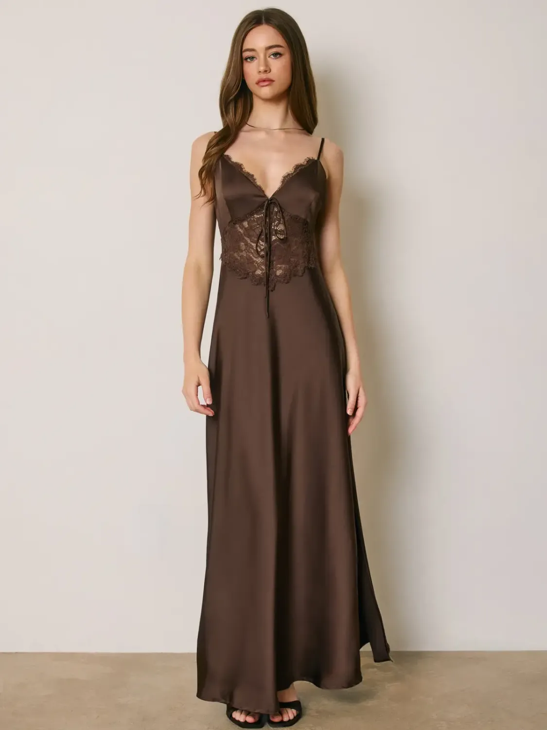 SATIN LACE DETAIL MAXI DRESS