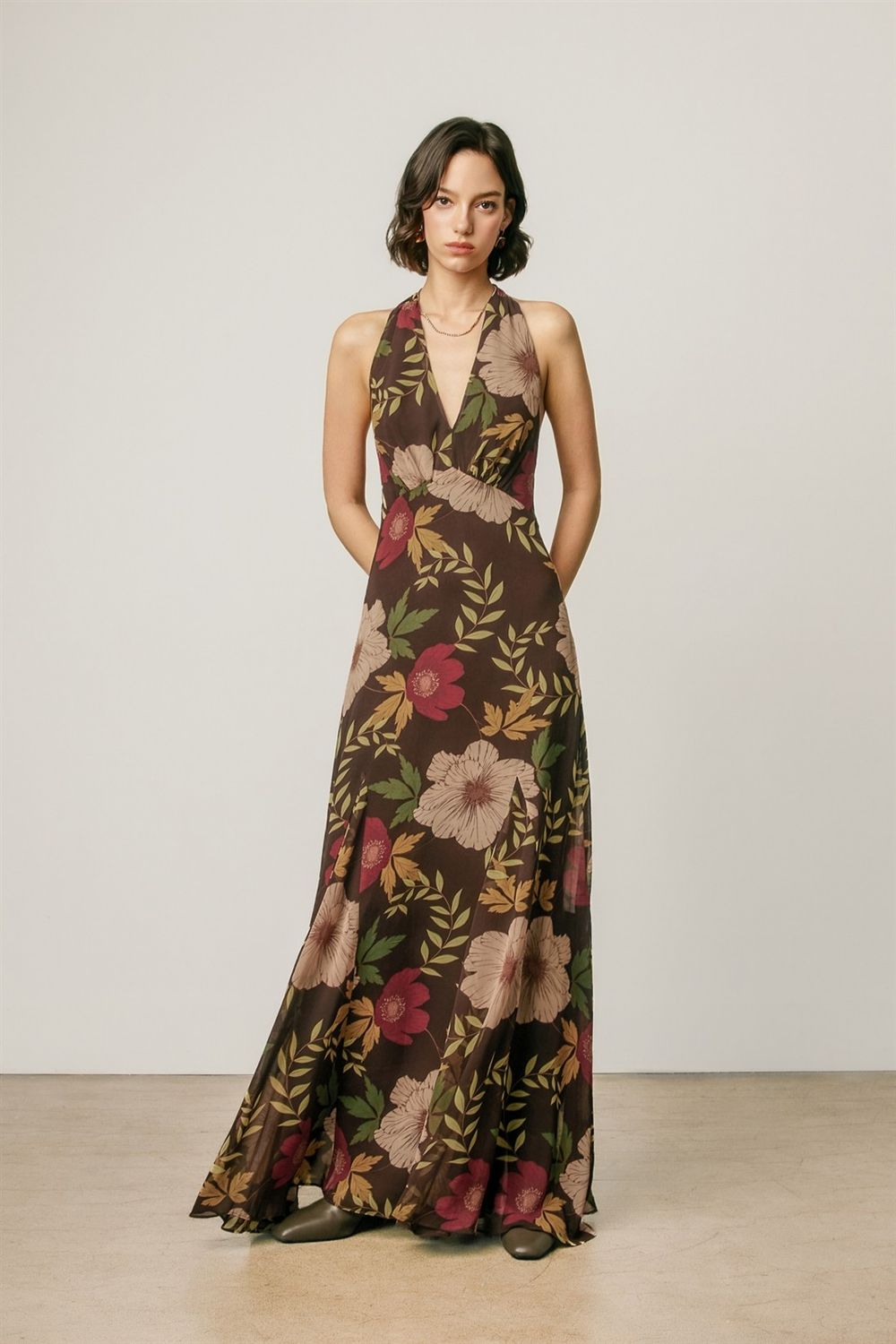 FLORAL CHIFFON HALTER GODET MAXI