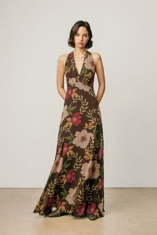 FLORAL CHIFFON HALTER GODET MAXI