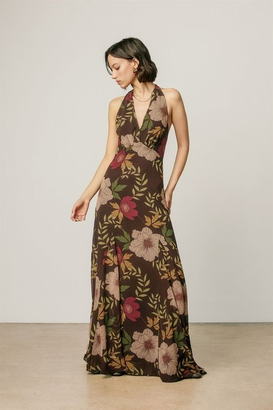 FLORAL CHIFFON HALTER GODET MAXI