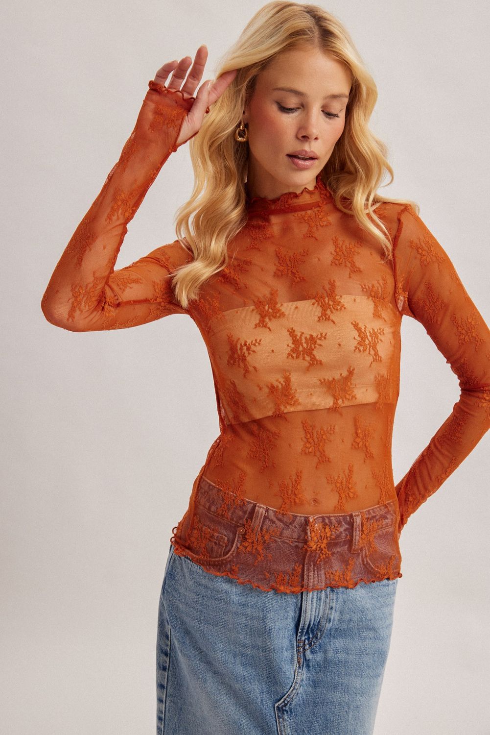 MOCK NECK LACE TOP W/ THUMB HOLES