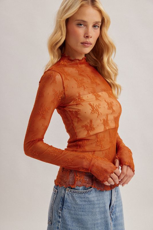 MOCK NECK LACE TOP W/ THUMB HOLES