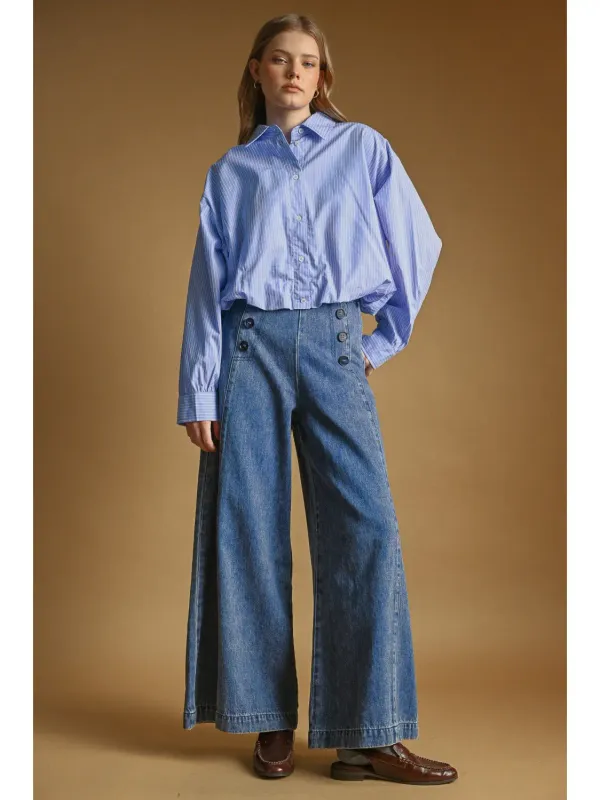 STRIPE BALLOON HEM BUTTON DOWN TOP