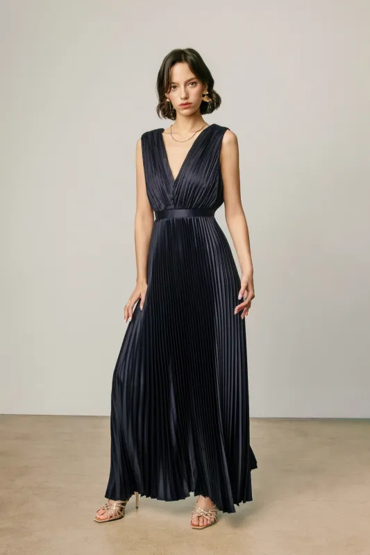 PLEATED SATIN V NECK MAXI