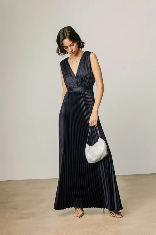 PLEATED SATIN V NECK MAXI