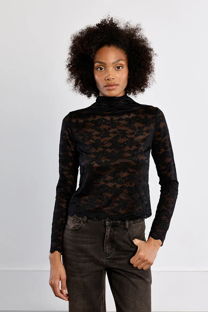 EMBROIDERED MESH TOP, SEMI-SHEER