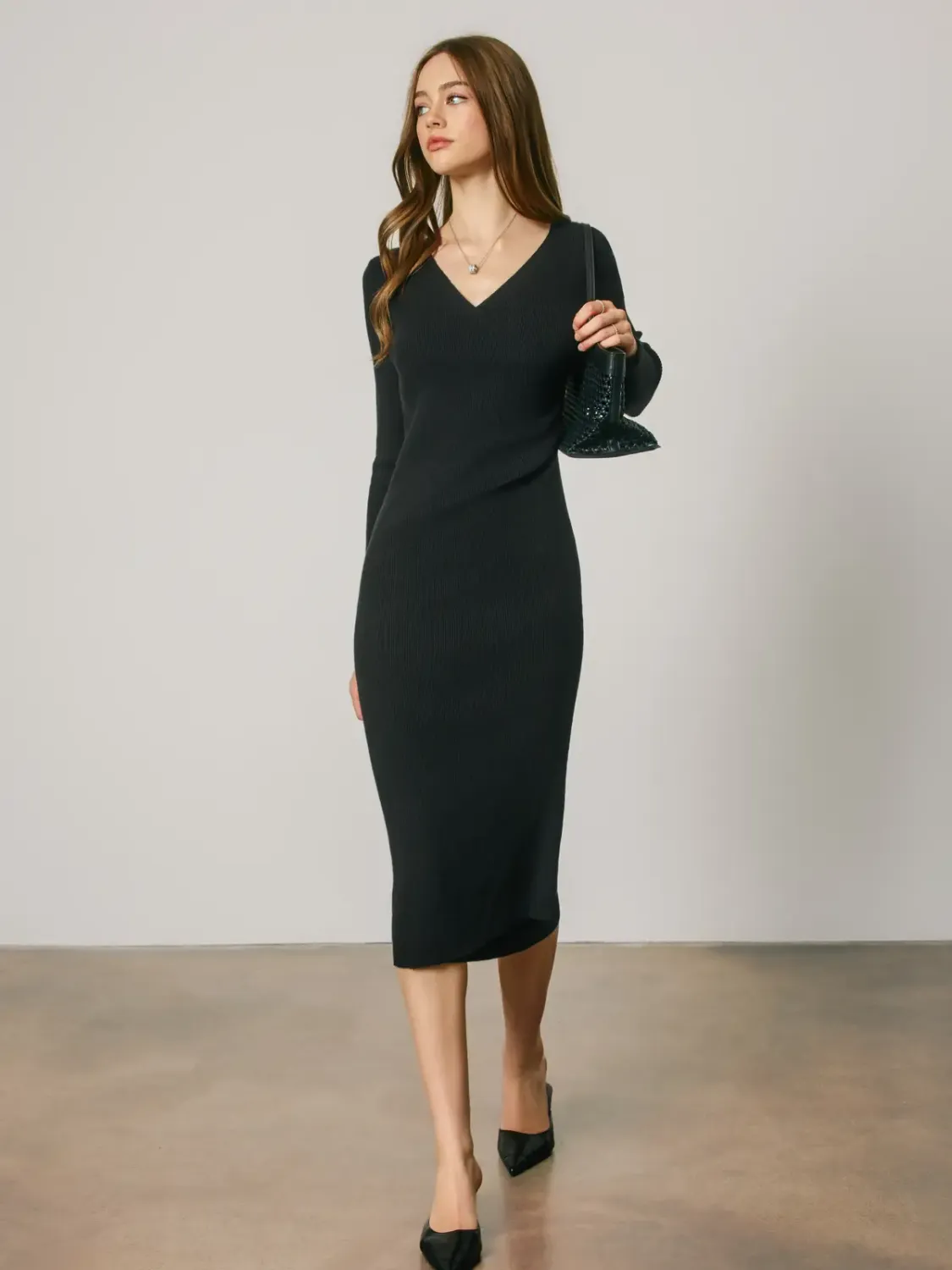 RIBBED KNIT FAUX WRAP MIDI DRESS